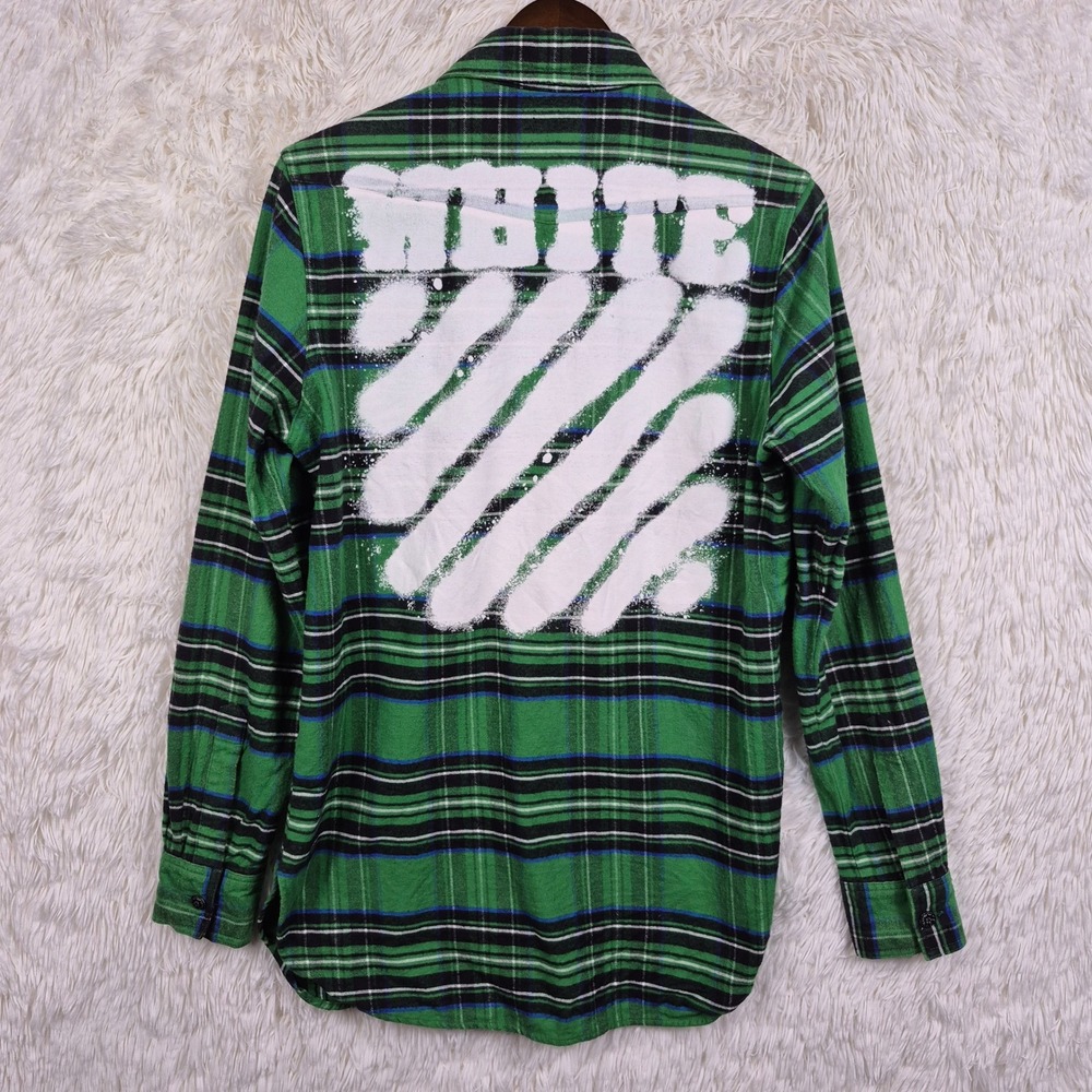 Off-White Virgil Abloh Green Plaid Flannel Spray Graffiti Stripe Shirt XS